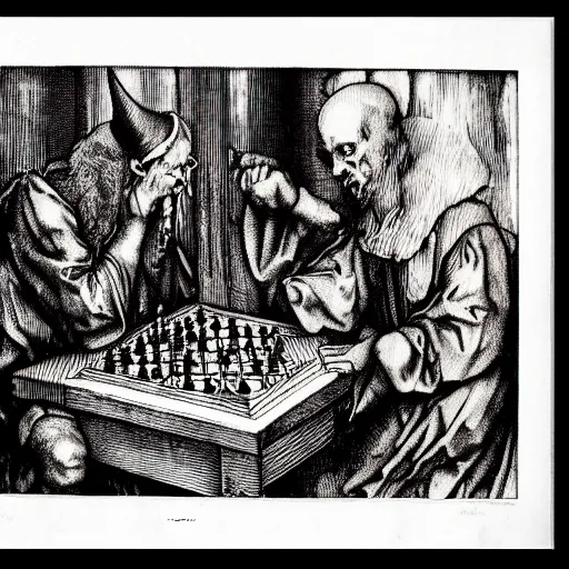 Prompt: Modern Albrecht Durer etching of the Devil playing chess