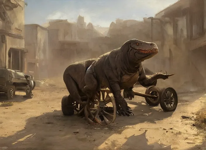 Prompt: oil painting of tyrannosaurus rex with diaper in wheelchair, in dusty wild west street, art by anders zorn, wonderful masterpiece by greg rutkowski, beautiful cinematic light, american romanticism by greg manchess, jessica rossier