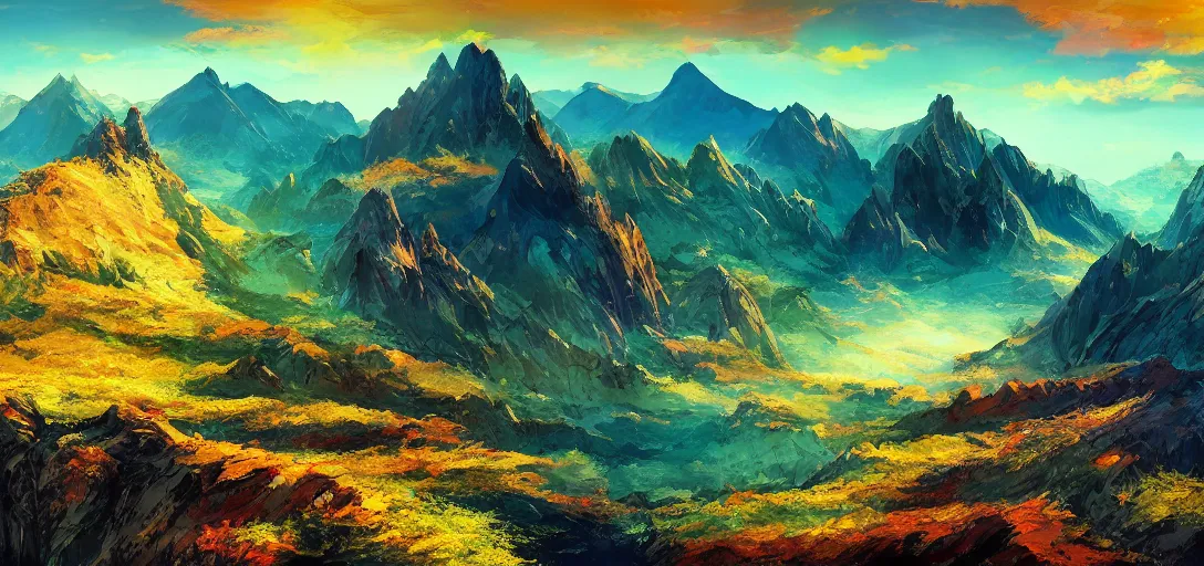 Image similar to vast mountain landscape, craggy mountains, magic the gathering, three - colors, three - color color palette, panoramic, wide angle, horizon, highly detailed