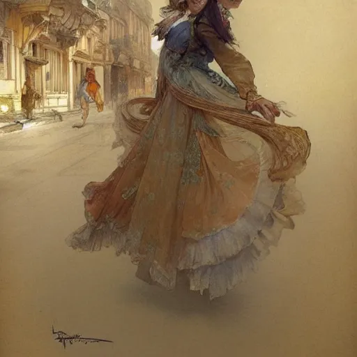 Image similar to a beautifull intricate watercolour painting of a dancing balerinas in the victorian street, reflexions, verry high details by william turner art, greg rutkowski and alphonse mucha, trending on artstation, very very detailed, masterpiece, muted colors