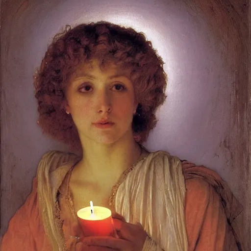 Image similar to a renaissance oil painting portrait by alma tadema of a holy divine prophet beautiful saint blonde woman, dark lit candles, colourful pastel, detailed academic bouguereau, sharp focus, high contrast studio lighting