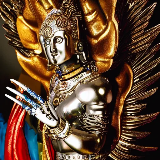 Image similar to UHD candid photo of a robot Angel Vishnu, UHD, photorealistic, real wings, correct face, photo by Annie Leibowitz