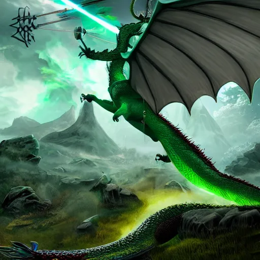 Prompt: yoimiya shooting fire arrows at a massive green dragon, storm dragon, fantasy, concept art, sharp focus, unreal engine, 4 k