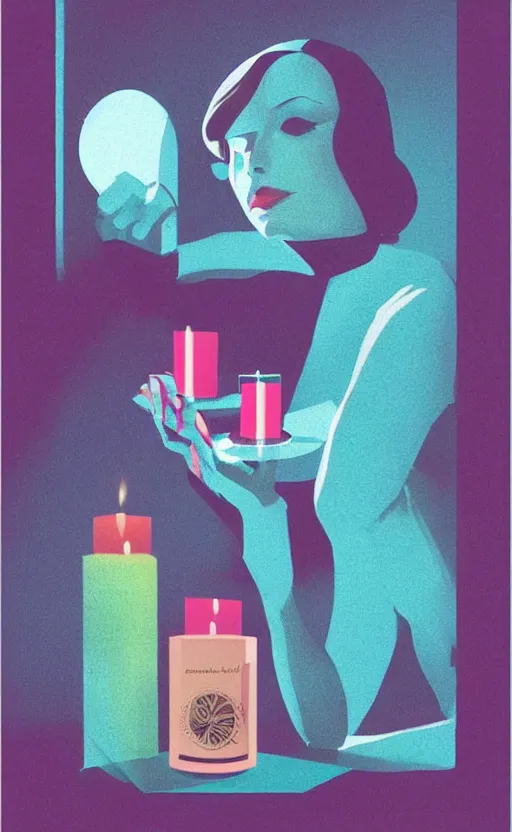 Prompt: illustration with a set of beautiful scented candles, close - up photo in cozy interior, candle lighting, shadow play, light refraction, mirror, glowing, pinterest, an art deco painting by tom whalen, trending on behance, art deco, digital illustration, storybook illustration, grainy texture, flat shading, vector art, airbrush, pastel, watercolor, poster