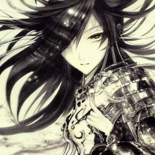 Image similar to yoshitaka amano blurred and dreamy illustration of an anime girl with black eyes, wavy white hair fluttering in the wind wearing elden ring armor and engraving, abstract black and white patterns on the background, noisy film grain effect, highly detailed, renaissance oil painting, weird portrait angle, blurred lost edges, three quarter view