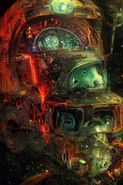 Prompt: closeup portrait of a transparent cyborg ( hamster ) with glowing veins, in crushed ship interior, cinematic light, backlight glow, red green, mist, by mikhail vrubel, by philippe druillet, by peter elson, by gerald brom, muted colors, extreme detail, trending on artstation, 8 k
