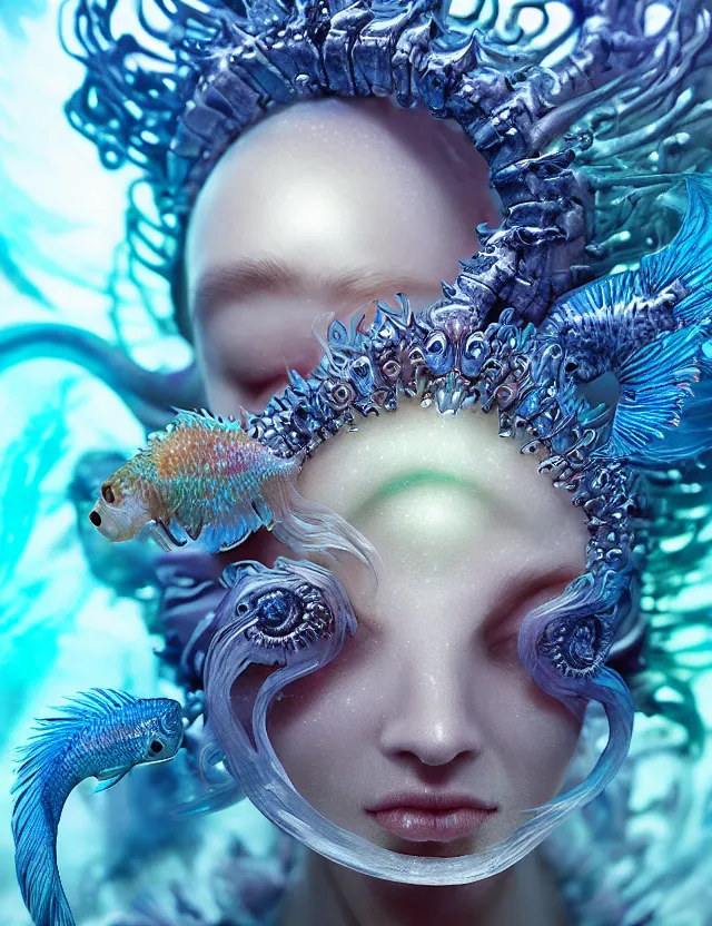 Image similar to goddess macro close - up portrait wigh crown made of ram skull. betta fish, jellyfish phoenix, bioluminiscent, plasma, ice, water, wind, creature, super intricate ornaments artwork by tooth wu and wlop and beeple and greg rutkowski