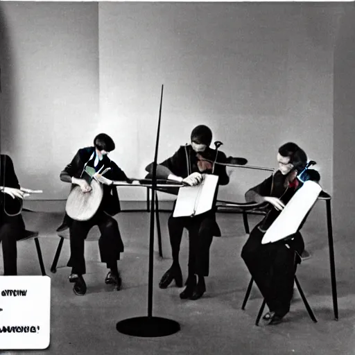 Image similar to a string quartet and three live coders performing in a space age setting, 1960s picture from a magazine