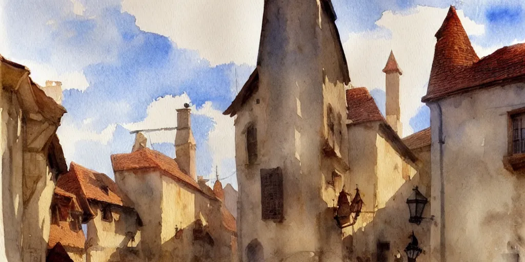 Prompt: medieval town, summer morning light, watercolor painting by john singer sargent, highly detailed, sharp focus, alien, trending on artstation, hq, deviantart, art by artgem