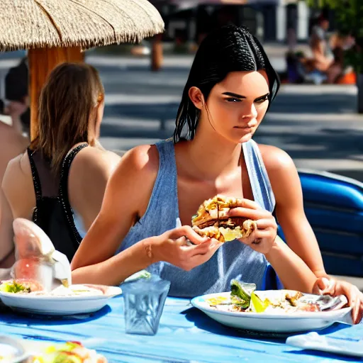 Prompt: kendall jenner eating lunch at the beach, photorealistic, ultra - detailed, hdr shot, unreal engine rendering 4 k