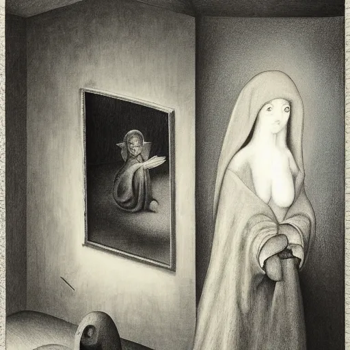 Image similar to a creature with distinct personality by ashley wood, leonora carrington, hieronymus bosch and mark ryden, alone in a hotel room : : portrait through a mirror : : ultra - detailed technical precision : : matte painting, high definition 3 d render, unreal engine