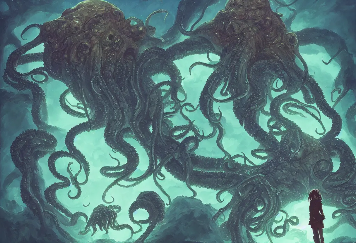 Prompt: cthulhu by Ghibli. UHD, amazing depth, cinematic lighting, epic scale, glowing rich colors, powerful imagery, concept art