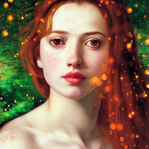 Image similar to portrait of a young woman, among the lights of golden fireflies and nature, long loose red hair, intricate details, green eyes, hint of freckles, round gentle face, happy, deep focus, smooth, sharp, golden ratio, hyper realistic digital art by artemisia lomi gentileschi and caravaggio and artgerm