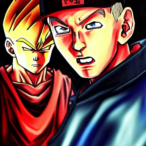 Image similar to eminem drawn in the style of dragon ball z