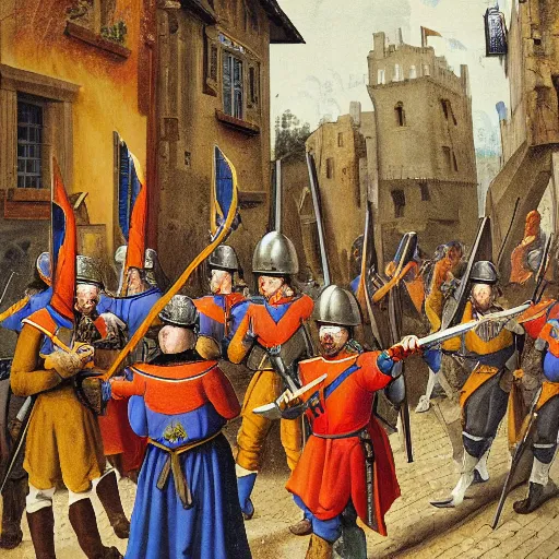 Prompt: line of renaissance soldiers in brightly colored uniforms with halberds as musketeers fire behind them, they are in a tight street surrounded by medieval stone buildings, dying earth, art, rpg, mike franchina