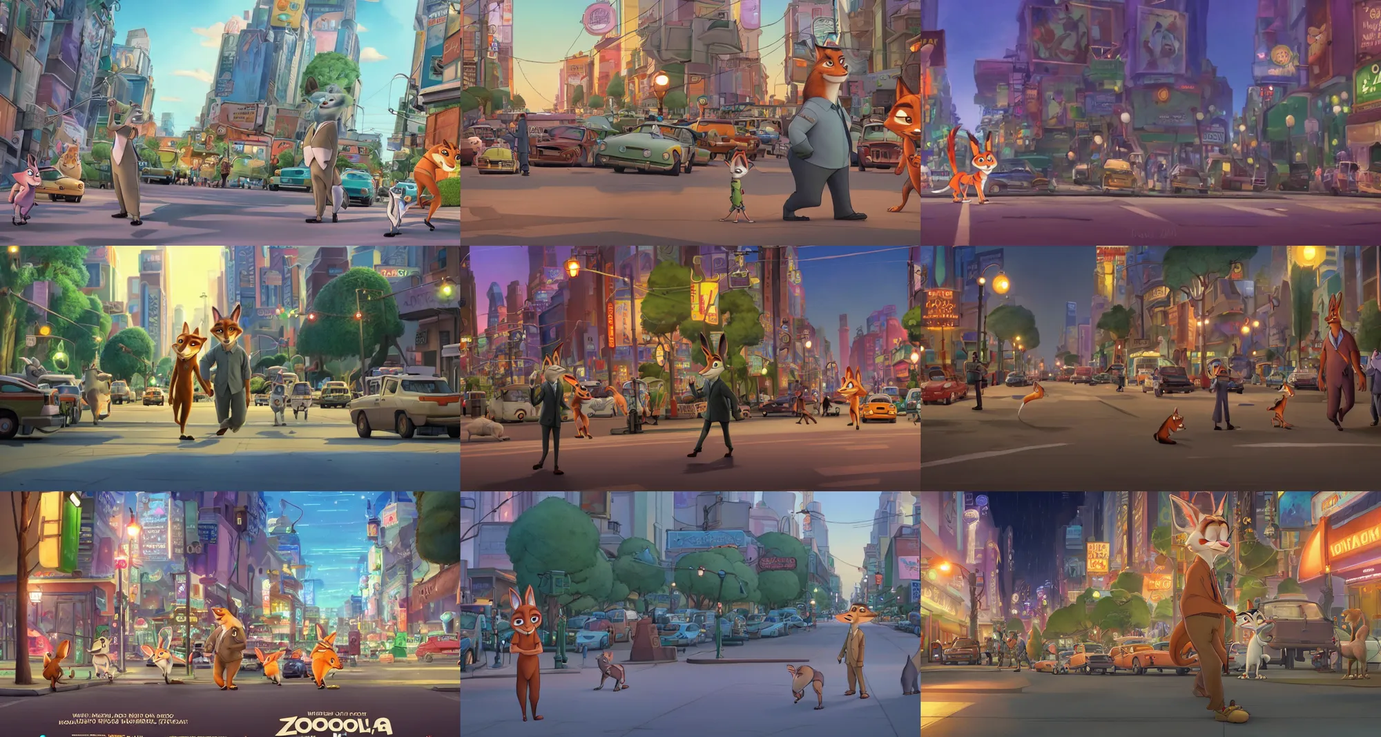 Prompt: a scene for nick walking on the street at night, zootopia 2