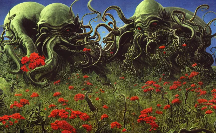 Prompt: cthulhu devouring a meadow with flowers and hedge mazes. lovecraftian horror. highly detailed science fiction painting by norman rockwell, frank frazetta, and syd mead. rich colors, high contrast, gloomy atmosphere, dark background. trending on artstation