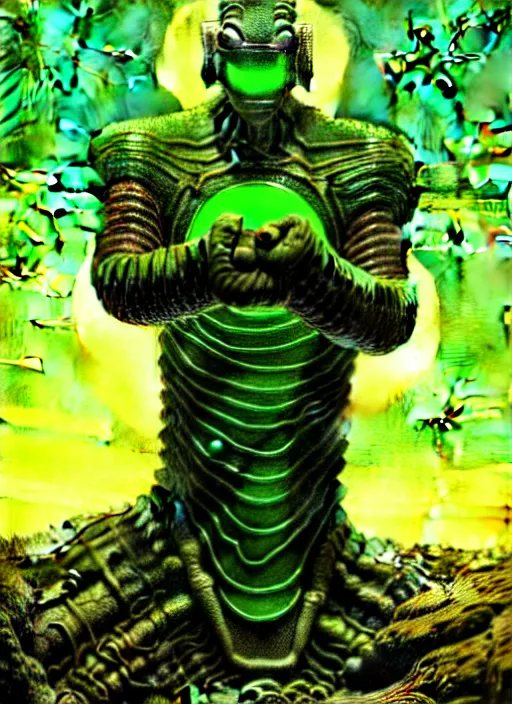 Image similar to portrait giant green humanoid with his fist up, brown armor, background ancient alien landscape, low angle, close up, concept art, intricate details, highly detailed, sci - fi poster, future, sci - fi art, in the style of chris foss, rodger dean, moebius, michael whelan, and gustave dore