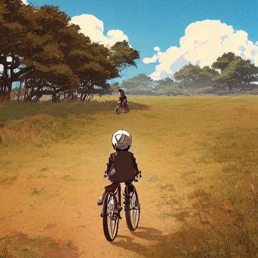 Image similar to a boy riding his bike through the plains of rural japan, high intricate details, rule of thirds, golden ratio, cinematic light, anime style, graphic novel by fiona staples and dustin nguyen, by beaststars and orange, peter elson, alan bean, studio ghibli, makoto shinkai