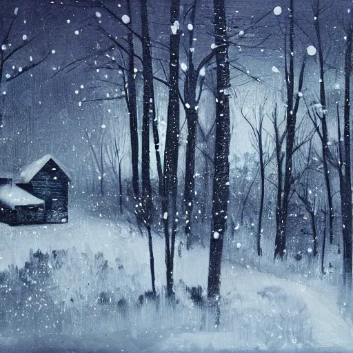 Image similar to snowy forest night scene in a single wooden cabin surrounded by the woods with one illuminated window, horror dark contrast, oil painting