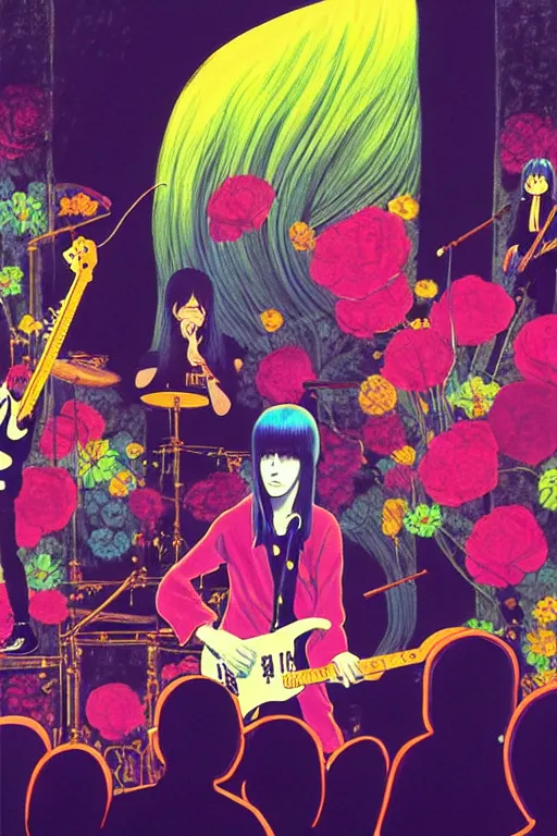 Image similar to the velvet underground and nico playing live on stage at a night club, beautiful stage decoration with flowers in the background, painting by hayao miyazaki, very detailed and colorful and toned down and ornamental and moody and cool and relaxed and high on drugs, trending on artstation, behance contest winner