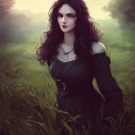 Image similar to yennefer of vengerberg in a field, detailed face, cute, playful, pearlescent, fantasy, featured on artstation, in the style of daniel gerhartz and krenz cushart, Alexis Franklin, Thomas River, WLOP, Artgerm by Charlie Bowater