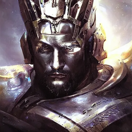 Image similar to stunning portrait of greek god poseidon wearing scale armor, painting by Raymond Swanland, cyberpunk, sci-fi cybernetic implants hq