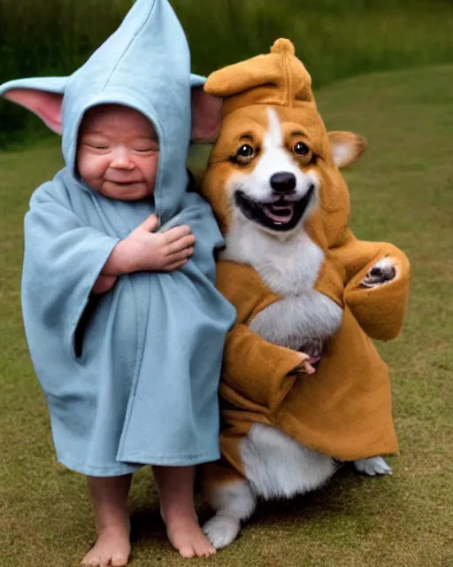 Prompt: baby yoda and his best friend corgi kenobi, a corgi dog dressed as obi wan kenobi in jedi robes, photographed in the style of gilbert taylor, star wars, tatooine