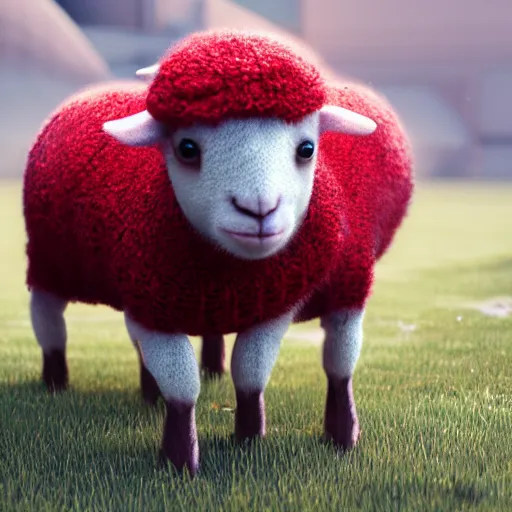 Prompt: lamb wearing a red sweater, walking on to legs, concept art, octane render, unreal engine 5, highly detailed, high quality, 8 k, soft lighting, realistic face, path traced