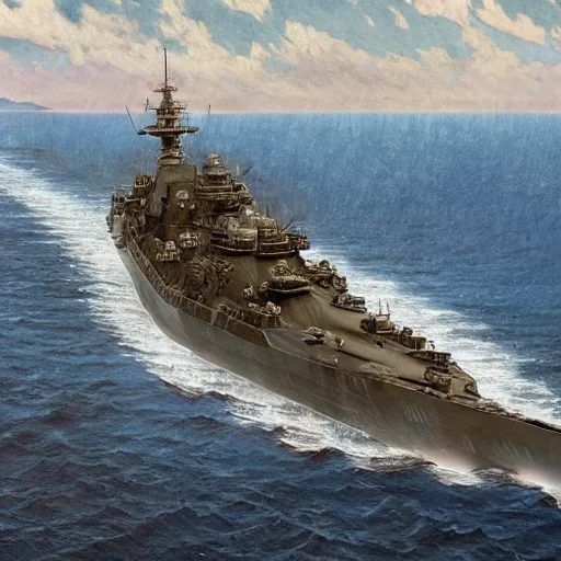 Image similar to battleship kongo close to military port, symmetrical mechanical features, cannons turrets, imperial japanase navy, hyper realistic, 4 k, rule of thirds, extreme detail, detailed drawing, trending artstation, hd, world world 2, d & d, realistic lighting, by alphonse mucha, greg rutkowski, sharp focus, backlit