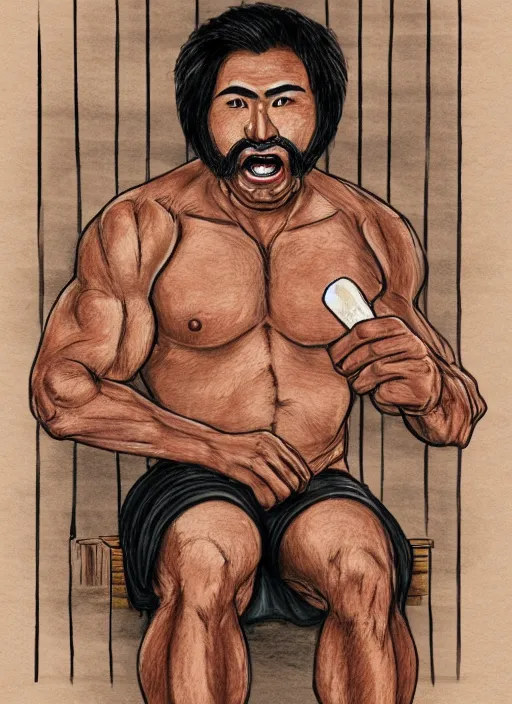 Image similar to muscular man sitting down with a popsicle in mouth, tan skin, stubble, black hair, hairy chest hair, detailed traditional Japanese house, drawn by Tetsuo Hara, 4K