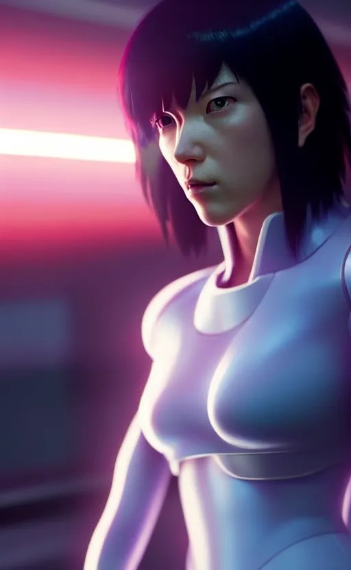 Image similar to a film still portrait of a motoko kusanagi ghost in the shell, finely detailed features : : gits sac twenty forty five netflix : : by ilya kuvshinov, rossdraws, artgerm, sola digital arts, octane render, production ig, volumetric lighting, anti aliasing, raytracing : :