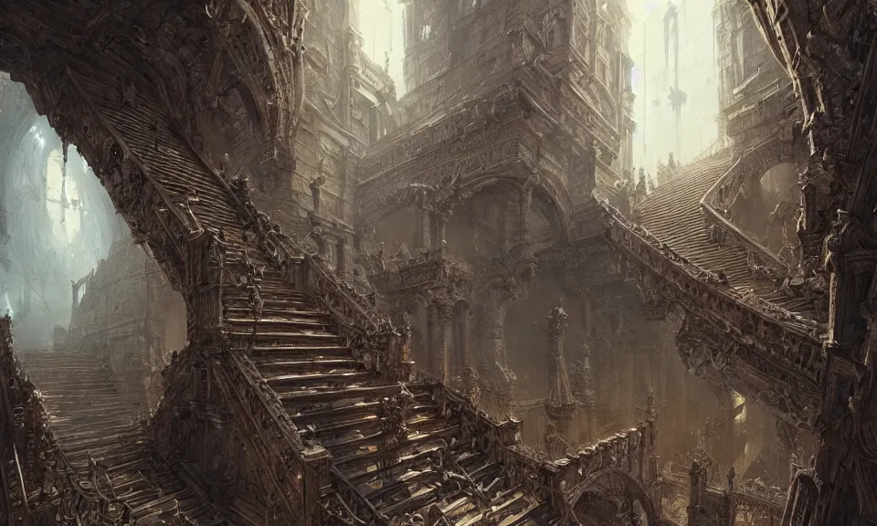 Image similar to stairs from hell to heaven, intricate detail, intricate, epic, vast, digital painting by greg rutkowski, artstation, very detailed, cinematic lighting, concept art