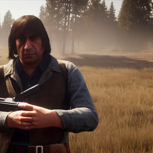Image similar to Film still of Anton Chigurh, from Red Dead Redemption 2 (2018 video game), no hat, no text