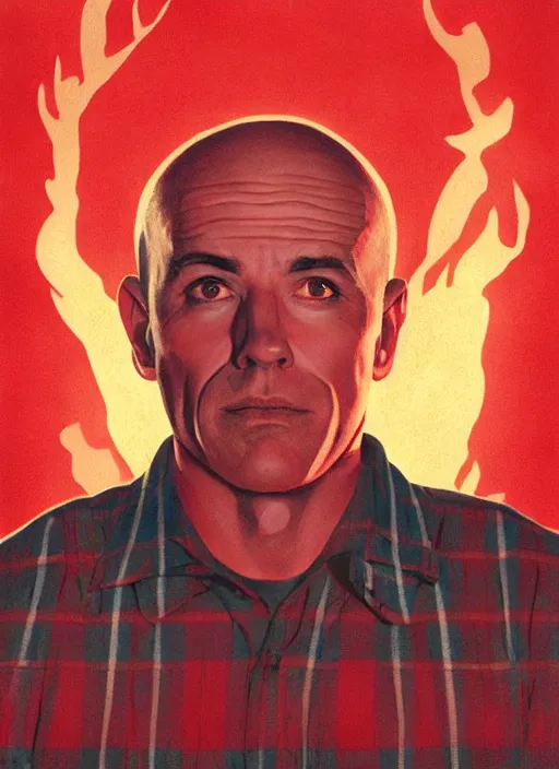 Image similar to Twin Peaks poster artwork by Michael Whelan and Bob Larkin, of portrait of Joe Rogan in red flannel, spotlight from the sky shining on him, from scene from Twin Peaks, clean, simple illustration, nostalgic, domestic