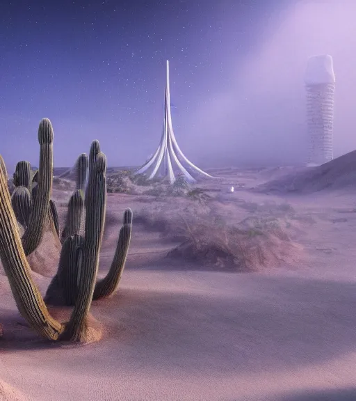 Prompt: surreal theory of the massive inverted roots, unfinished vertical roots of white sand, futuristic tower, futuritic architecture, ancient epic tower in the desert, biroremediation plant, foggy sky, starry night, a little bit of patchy cactus, octane render, unreal engine, pale colors, high detail, 8 k, wide angle, trending on artstation, behance