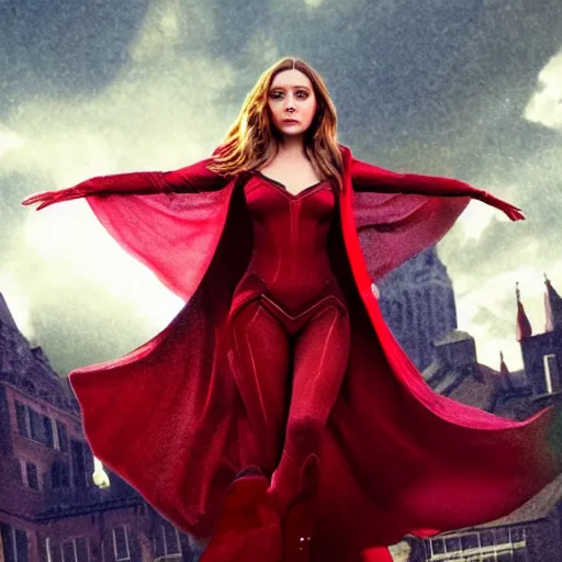 Image similar to elizabeth olsen artstation scarlet witch, floating in the air as she emanates magic from her palms, full - body portrait, 3 5 mm!!!!! photography, disdain facial expression, messy!!!!! hair, trending on artstation, photorealistic!!!!!, 4 k, 8 k