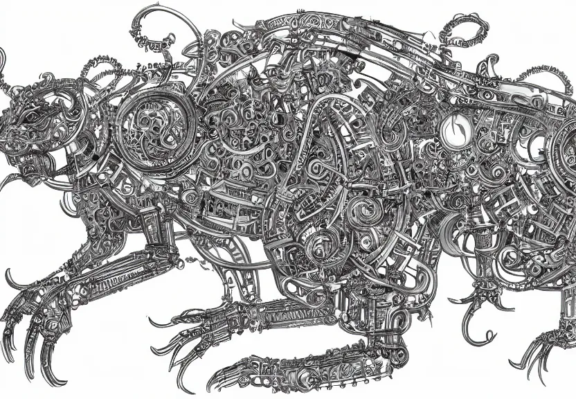 Prompt: schematic blueprint of highly detailed ornate filigreed convoluted ornamented elaborate cybernetic rat, full body, character design, middle of the page, art by da vinci