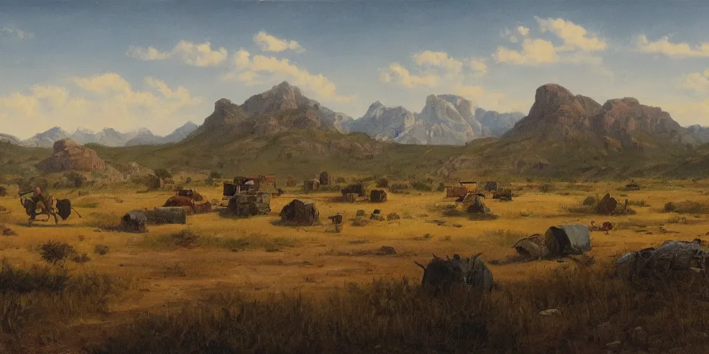 Image similar to a wild west scenery, camps in the background, painted