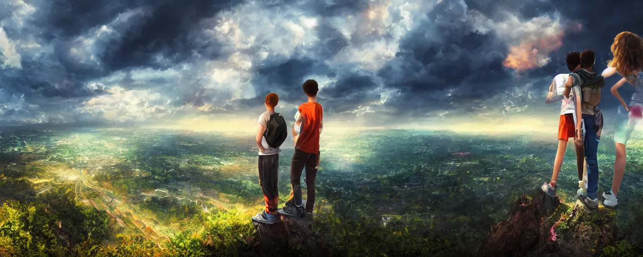 Prompt: Colorful dramatic puffy clouds, 3 Inner city teens standing on the edge of a cliff overlooking a forest, Glowing city on the horizon, matte painting, concept art, 4K