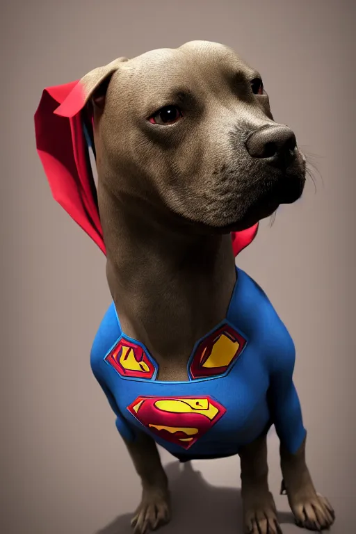 Image similar to pitbull dog wearing superman suit, hyperrealistic, 8 k resolution, artstation, well designed