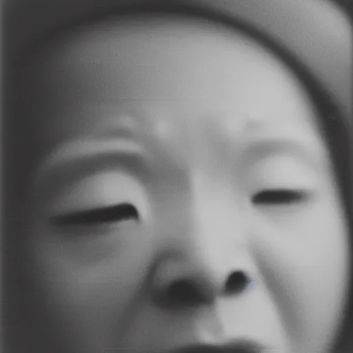 Image similar to photo of 梅艳芳 by Diane Arbus, extreme closeup, black and white, high contrast, Rolleiflex, 55mm f/4 lens