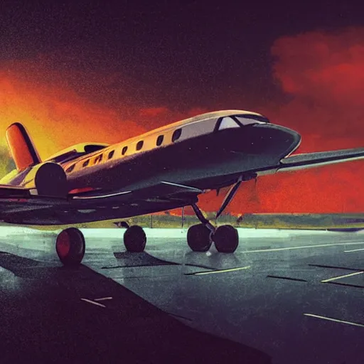 Prompt: movie frame of a vintage private jet parked on the tarmac on a misty, epic day, wet ground, neon lights, very wide angle shot, by ian mcque, by robert valley, cinematic composition, global illumination