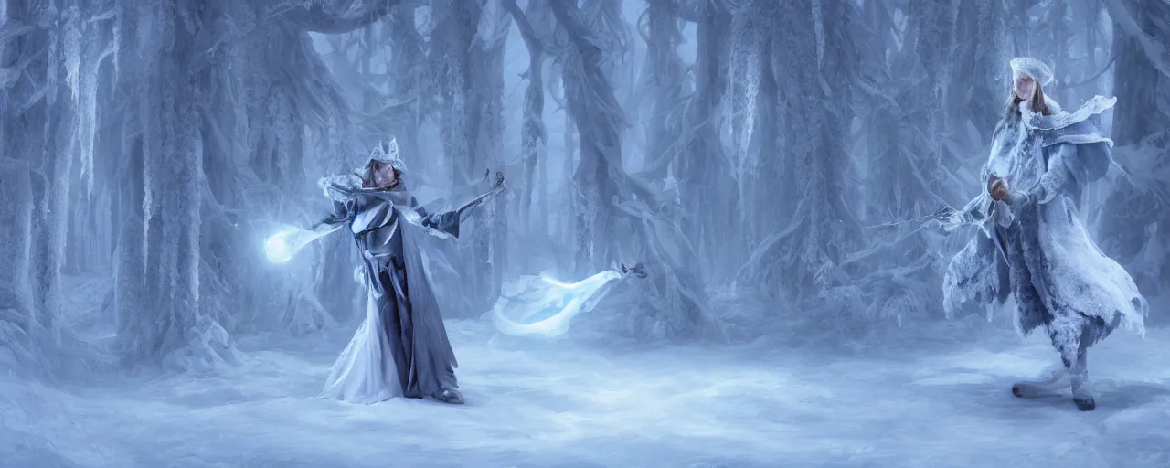 Prompt: ice wizard casting a freeze spell in a snowy forest, rococo inspired clothes, dramatic lighting, zbrush, concept art, 4K