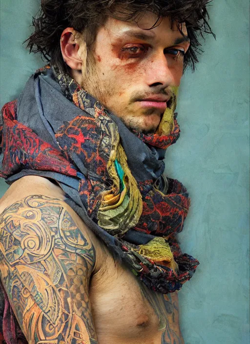 Prompt: close - up portrait of a handsome man with tattoos wearing a scarf and a balaclava with colourful intricate psychodelic patterns, by edgar maxence and caravaggio and michael whelan and delacroix style, artistic, intricate drawing, light brazen, realistic fantasy, extremely detailed and beautiful aesthetic face, establishing shot, 8 k resolution, dramatic lighting