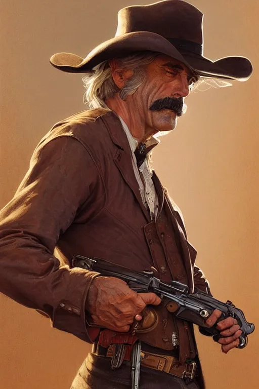 Image similar to portrait of sam elliott, western, gunslinger, duster, fantasy, intricate, elegant, highly detailed, digital painting, artstation, concept art, sharp focus, illustration, art by artgerm and greg rutkowski and alphonse mucha