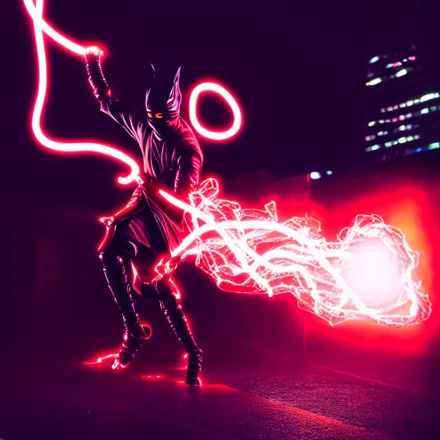 Image similar to cyber ninja fire dance holding whip electricity, detailed bushido form smoke, fighting stance dark energy, shibuya prefecture, cinematic lighting, fog mist smoke, photorealistic, night photography by tomino - sama