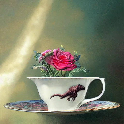 Image similar to long shot of tyrannosaurus rex sitting in a romantique tea cup, by esao andrews, by m. w. kaluta, harmonic composition, volumetric light, fresh colors, humorous oil painting, realistic reflections, smooth, concept art, depth perception, high depth of field, 4 k, unreal engine 5, ultradetailed, hyperrealistic, trending on artstation