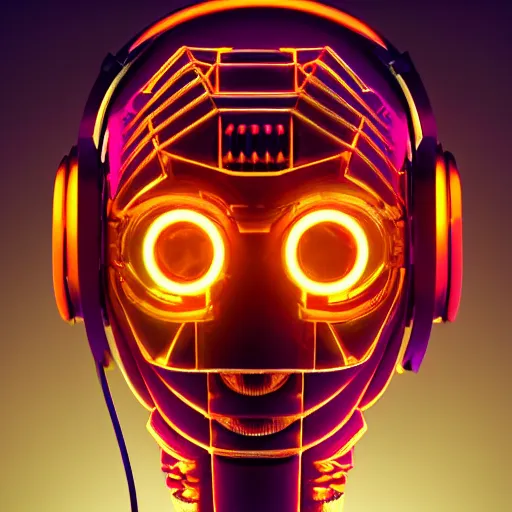 Image similar to a glossy claymodel of a steampunk aztec futurism robot head with glowing headphones, 8 k, symetrical, flourescent colors, halluzinogenic, multicolored, very detailed, black background, 3 d render,