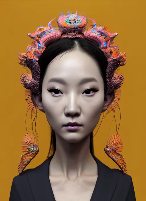 Image similar to 3 d goddess medium shot profile portrait. beautiful intricate highly detailed korean gumiho mask and traditional korean hanbok. stingray, magpie, stingray, magpie, bioluminescent, plasma, lava, ice, water, wind, creature, fog, artwork by tooth wu and wlop and beeple and greg rutkowski, 8 k trending on artstation,